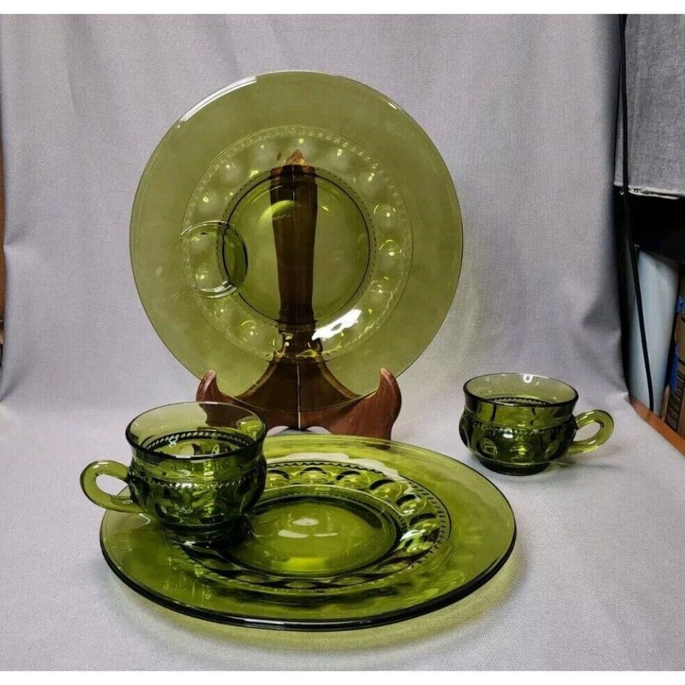 Snack Plates & Cups Indiana Glass King's Crown Thumbprint Avocado Green Vintage